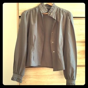 Vintage puff sleeve stripe ruffle mock neck shirt